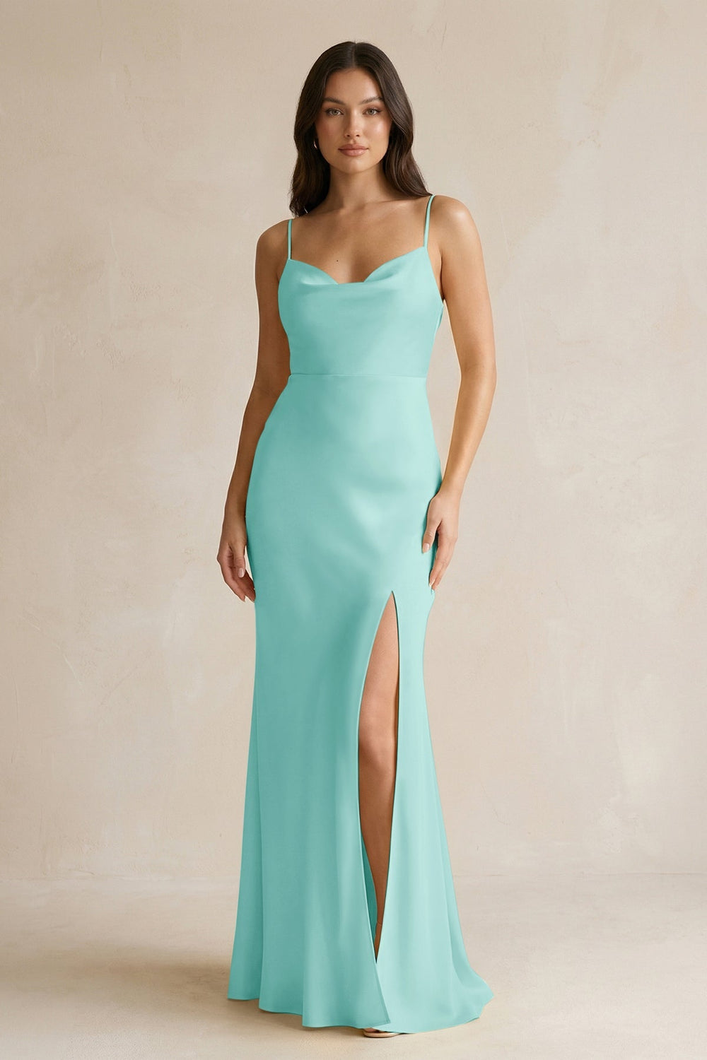 Cami Strap Sheath Satin Bridesmaid Dress With Slit in Aqua - KISS BRIDAL Bridesmaid Dresses