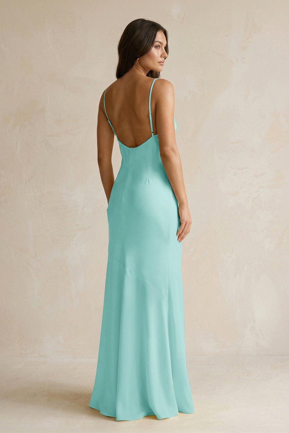 Cami Strap Sheath Satin Bridesmaid Dress With Slit in Aqua - KISS BRIDAL Bridesmaid Dresses