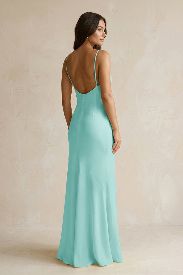 Cami Strap Sheath Satin Bridesmaid Dress With Slit in Aqua - KISS BRIDAL Bridesmaid Dresses