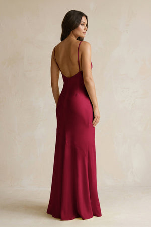 Cami Strap Sheath Satin Bridesmaid Dress With Slit in Berry - KISS BRIDAL Bridesmaid Dresses