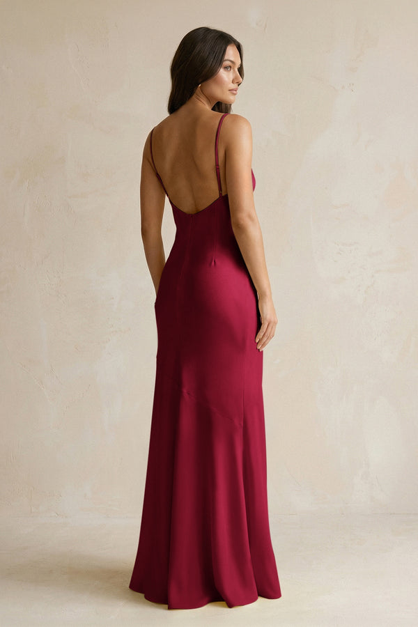 Cami Strap Sheath Satin Bridesmaid Dress With Slit in Berry - KISS BRIDAL Bridesmaid Dresses
