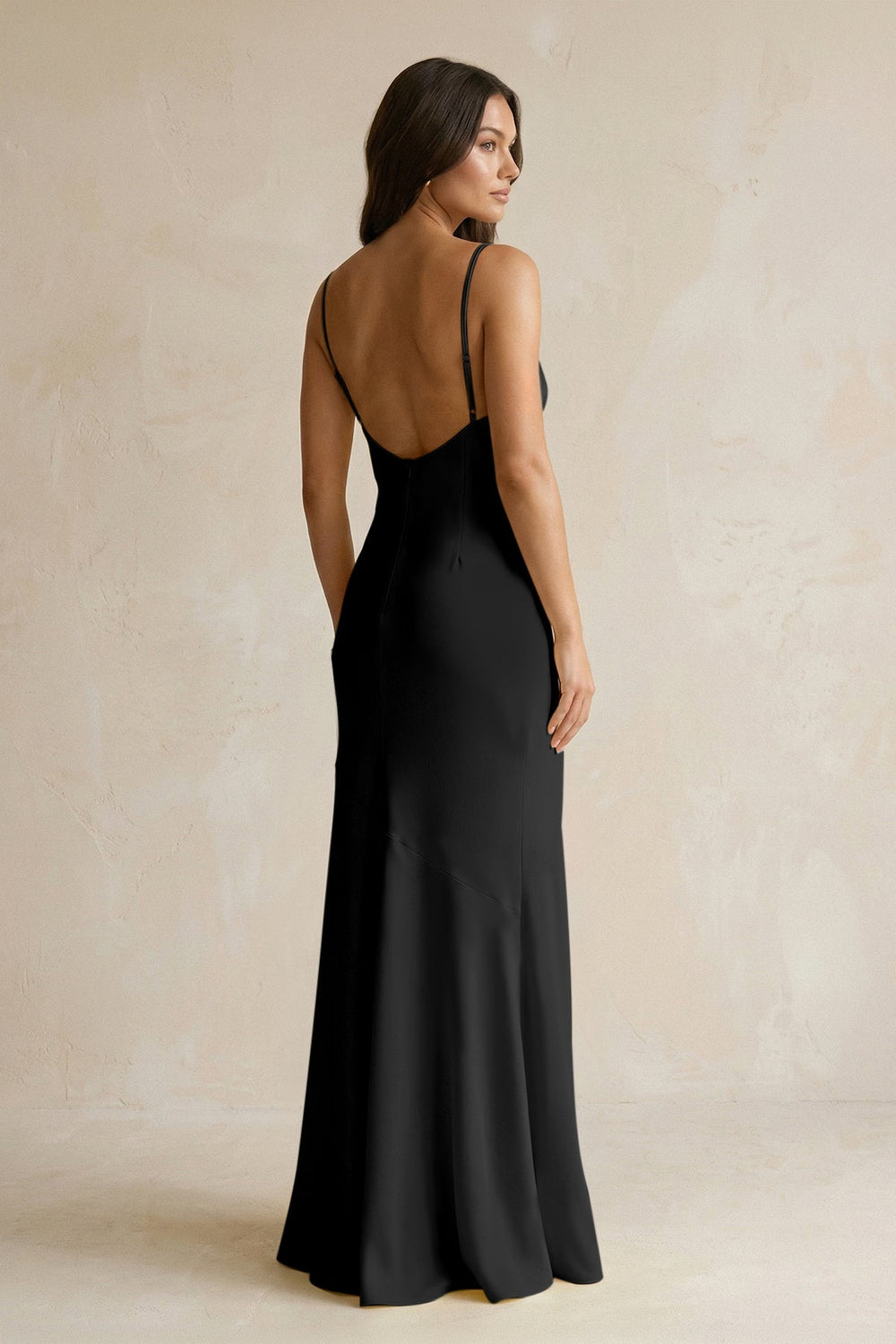 Cami Strap Sheath Satin Bridesmaid Dress With Slit in Black - KISS BRIDAL Bridesmaid Dresses
