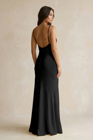 Cami Strap Sheath Satin Bridesmaid Dress With Slit in Black - KISS BRIDAL Bridesmaid Dresses