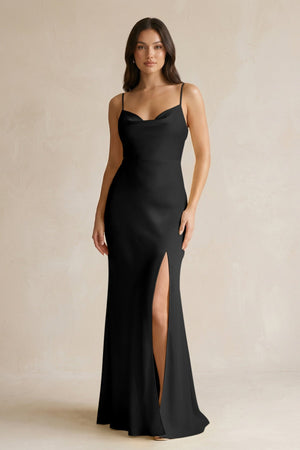 Cami Strap Sheath Satin Bridesmaid Dress With Slit in Black - KISS BRIDAL Bridesmaid Dresses
