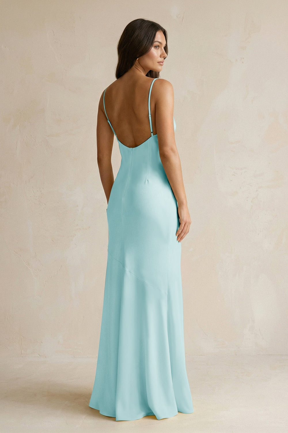 Cami Strap Sheath Satin Bridesmaid Dress With Slit in Bleached Aqua - KISS BRIDAL Bridesmaid Dresses