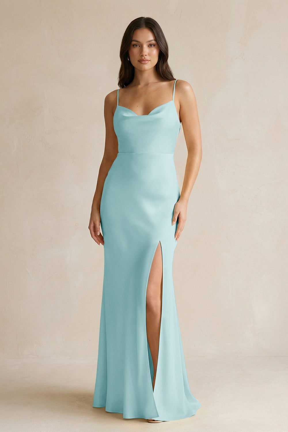 Cami Strap Sheath Satin Bridesmaid Dress With Slit in Bleached Aqua - KISS BRIDAL Bridesmaid Dresses