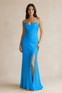 Cami Strap Sheath Satin Bridesmaid Dress With Slit in Blue Jay - KISS BRIDAL Bridesmaid Dresses