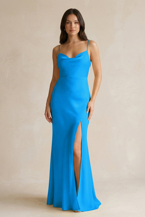 Cami Strap Sheath Satin Bridesmaid Dress With Slit in Blue Jay - KISS BRIDAL Bridesmaid Dresses