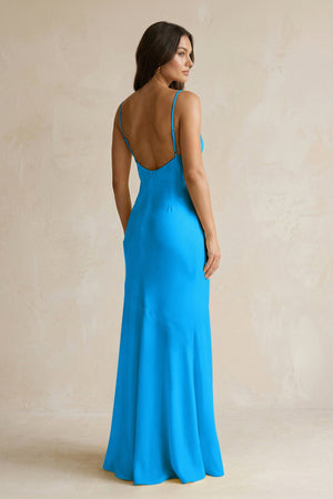Cami Strap Sheath Satin Bridesmaid Dress With Slit in Blue Jay - KISS BRIDAL Bridesmaid Dresses