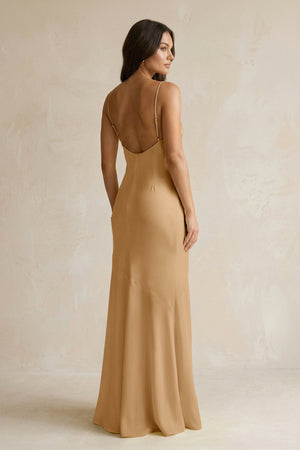 Cami Strap Sheath Satin Bridesmaid Dress With Slit in Bronzer - KISS BRIDAL Bridesmaid Dresses