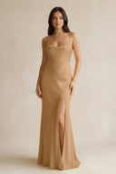 Cami Strap Sheath Satin Bridesmaid Dress With Slit in Bronzer - KISS BRIDAL Bridesmaid Dresses