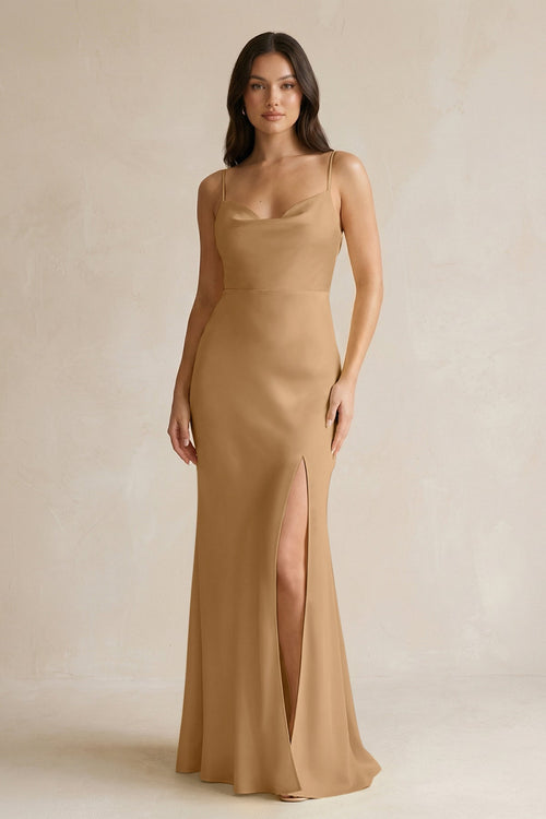 Cami Strap Sheath Satin Bridesmaid Dress With Slit in Bronzer - KISS BRIDAL Bridesmaid Dresses
