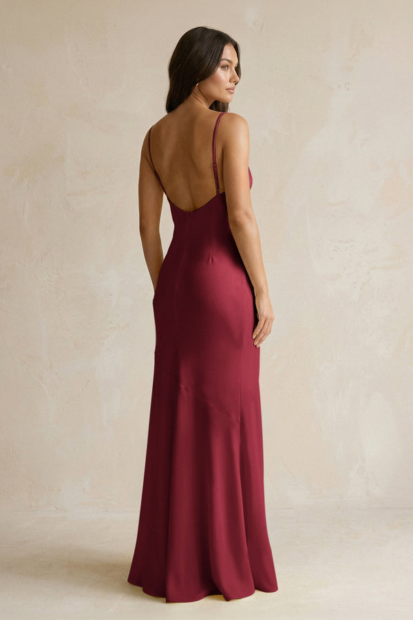 Cami Strap Sheath Satin Bridesmaid Dress With Slit in Burgundy - KISS BRIDAL Bridesmaid Dresses