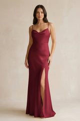 Cami Strap Sheath Satin Bridesmaid Dress With Slit in Burgundy - KISS BRIDAL Bridesmaid Dresses