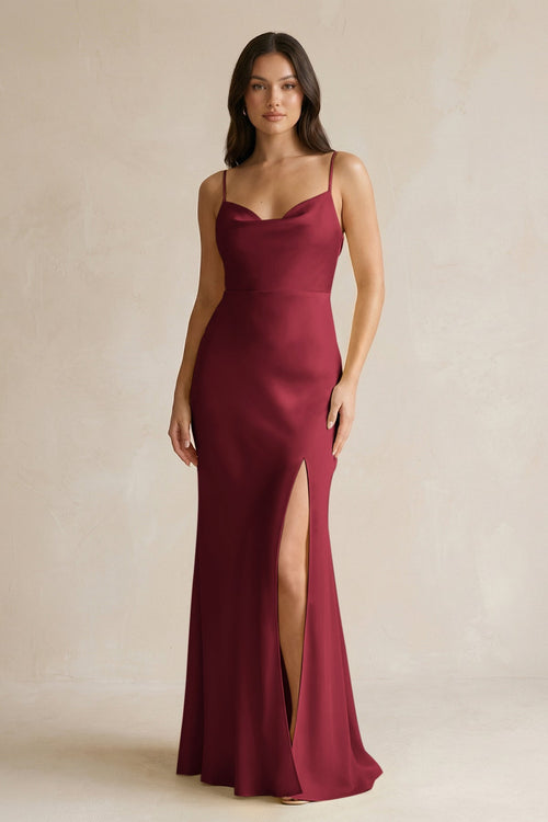 Cami Strap Sheath Satin Bridesmaid Dress With Slit in Burgundy - KISS BRIDAL Bridesmaid Dresses