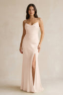 Cami Strap Sheath Satin Bridesmaid Dress With Slit in Buttercream - KISS BRIDAL Bridesmaid Dresses