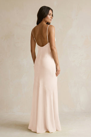 Cami Strap Sheath Satin Bridesmaid Dress With Slit in Buttercream - KISS BRIDAL Bridesmaid Dresses
