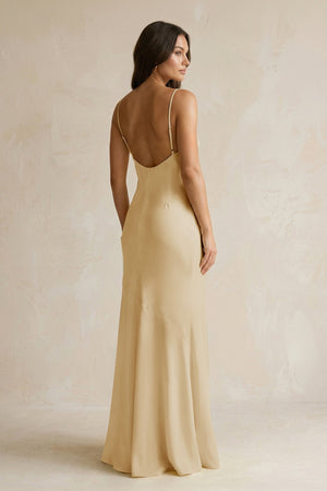 Cami Strap Sheath Satin Bridesmaid Dress With Slit in Champagne - KISS BRIDAL Bridesmaid Dresses