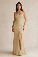 Cami Strap Sheath Satin Bridesmaid Dress With Slit in Champagne - KISS BRIDAL Bridesmaid Dresses
