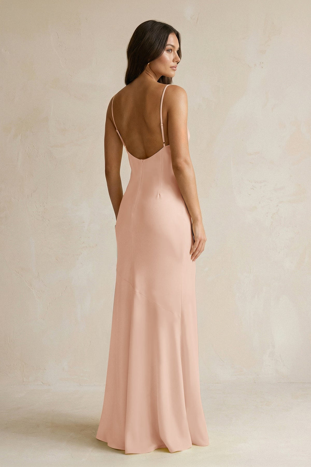 Cami Strap Sheath Satin Bridesmaid Dress With Slit in Champagne Rose - KISS BRIDAL Bridesmaid Dresses
