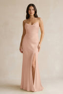 Cami Strap Sheath Satin Bridesmaid Dress With Slit in Champagne Rose - KISS BRIDAL Bridesmaid Dresses