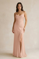 Cami Strap Sheath Satin Bridesmaid Dress With Slit in Champagne Rose - KISS BRIDAL Bridesmaid Dresses