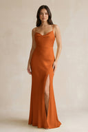 Cami Strap Sheath Satin Bridesmaid Dress With Slit in Cinnamon - KISS BRIDAL Bridesmaid Dresses