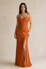 Cami Strap Sheath Satin Bridesmaid Dress With Slit in Cinnamon - KISS BRIDAL Bridesmaid Dresses