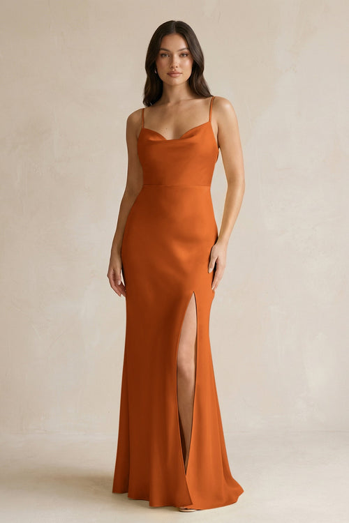 Cami Strap Sheath Satin Bridesmaid Dress With Slit in Cinnamon - KISS BRIDAL Bridesmaid Dresses