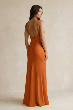 Cami Strap Sheath Satin Bridesmaid Dress With Slit in Cinnamon - KISS BRIDAL Bridesmaid Dresses