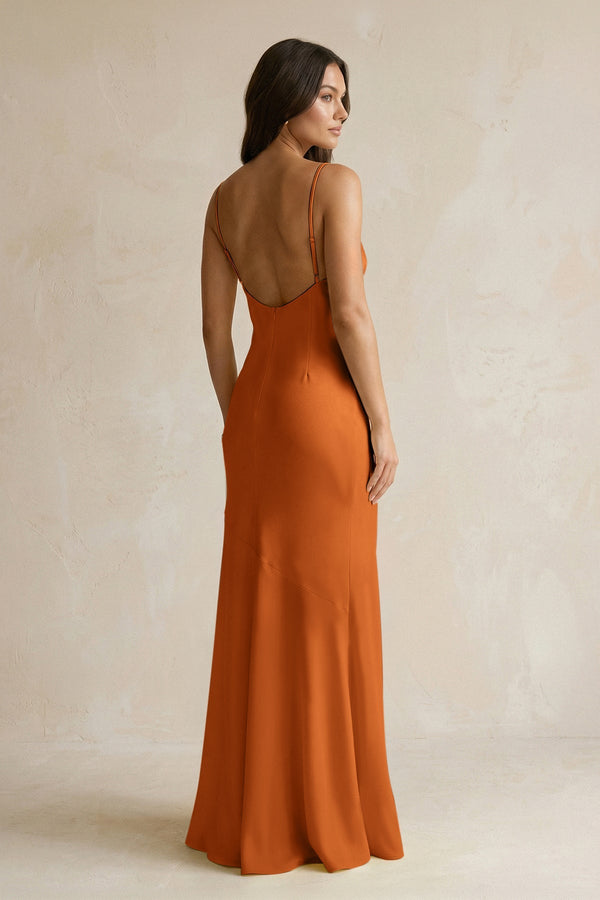 Cami Strap Sheath Satin Bridesmaid Dress With Slit in Cinnamon - KISS BRIDAL Bridesmaid Dresses