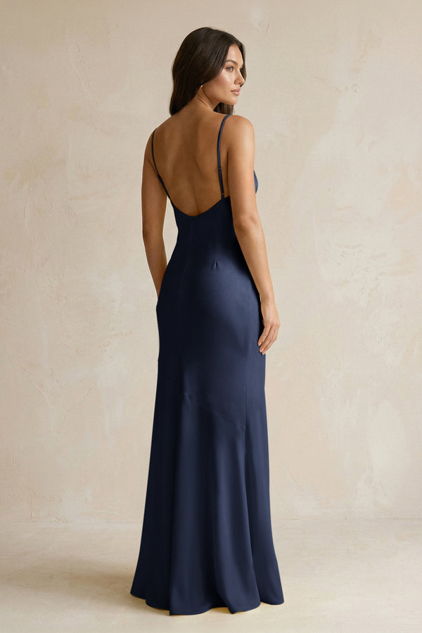 Cami Strap Sheath Satin Bridesmaid Dress With Slit in Dark Navy - KISS BRIDAL Bridesmaid Dresses