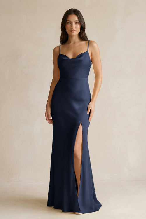 Cami Strap Sheath Satin Bridesmaid Dress With Slit in Dark Navy - KISS BRIDAL Bridesmaid Dresses