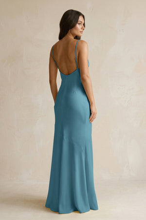 Cami Strap Sheath Satin Bridesmaid Dress With Slit in Dark Teal - KISS BRIDAL Bridesmaid Dresses