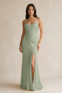 Cami Strap Sheath Satin Bridesmaid Dress With Slit in Dove Gray - KISS BRIDAL Bridesmaid Dresses