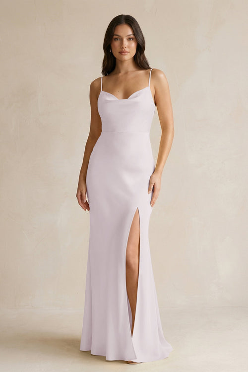 Cami Strap Sheath Satin Bridesmaid Dress With Slit in Dusk - KISS BRIDAL Bridesmaid Dresses