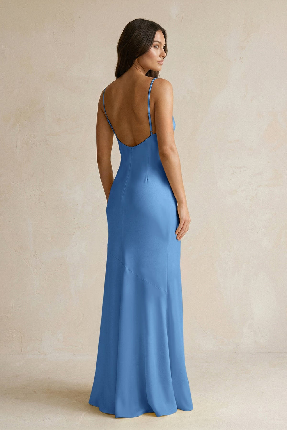 Cami Strap Sheath Satin Bridesmaid Dress With Slit in Dusty Blue - KISS BRIDAL Bridesmaid Dresses