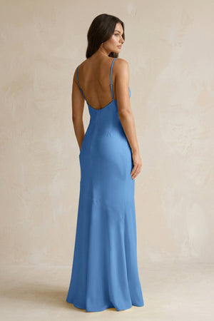 Cami Strap Sheath Satin Bridesmaid Dress With Slit in Dusty Blue - KISS BRIDAL Bridesmaid Dresses