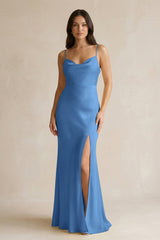 Cami Strap Sheath Satin Bridesmaid Dress With Slit in Dusty Blue - KISS BRIDAL Bridesmaid Dresses