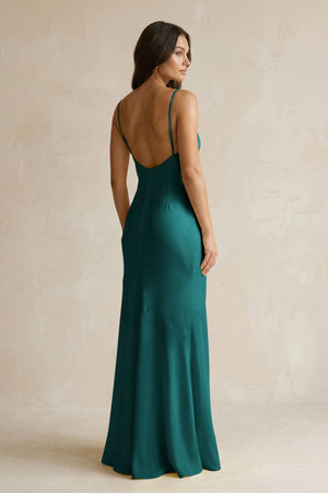 Cami Strap Sheath Satin Bridesmaid Dress With Slit in Emerald - KISS BRIDAL Bridesmaid Dresses