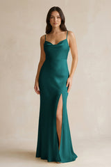 Cami Strap Sheath Satin Bridesmaid Dress With Slit in Emerald - KISS BRIDAL Bridesmaid Dresses