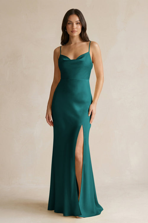 Cami Strap Sheath Satin Bridesmaid Dress With Slit in Emerald - KISS BRIDAL Bridesmaid Dresses