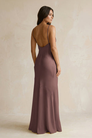 Cami Strap Sheath Satin Bridesmaid Dress With Slit in Espresso - KISS BRIDAL Bridesmaid Dresses