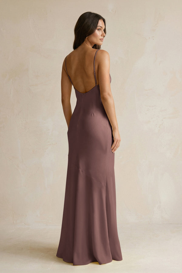 Cami Strap Sheath Satin Bridesmaid Dress With Slit in Espresso - KISS BRIDAL Bridesmaid Dresses