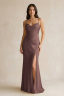 Cami Strap Sheath Satin Bridesmaid Dress With Slit in Espresso - KISS BRIDAL Bridesmaid Dresses
