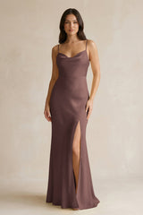Cami Strap Sheath Satin Bridesmaid Dress With Slit in Espresso - KISS BRIDAL Bridesmaid Dresses