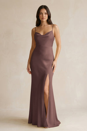 Cami Strap Sheath Satin Bridesmaid Dress With Slit in Espresso - KISS BRIDAL Bridesmaid Dresses