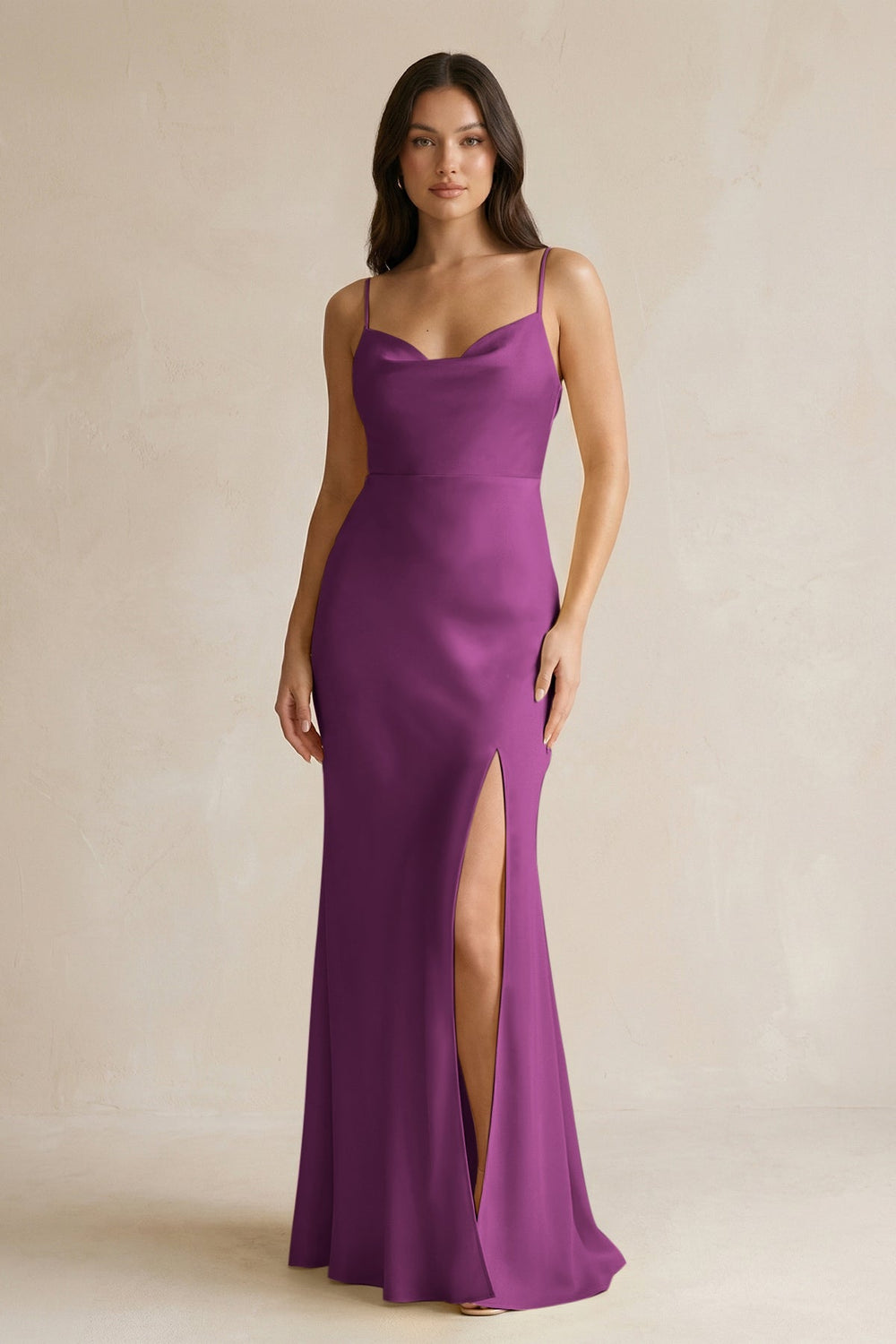 Cami Strap Sheath Satin Bridesmaid Dress With Slit in Fig - KISS BRIDAL Bridesmaid Dresses