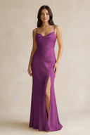 Cami Strap Sheath Satin Bridesmaid Dress With Slit in Fig - KISS BRIDAL Bridesmaid Dresses