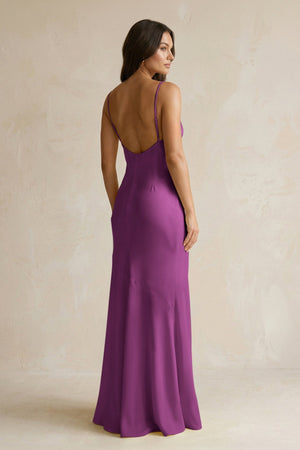 Cami Strap Sheath Satin Bridesmaid Dress With Slit in Fig - KISS BRIDAL Bridesmaid Dresses
